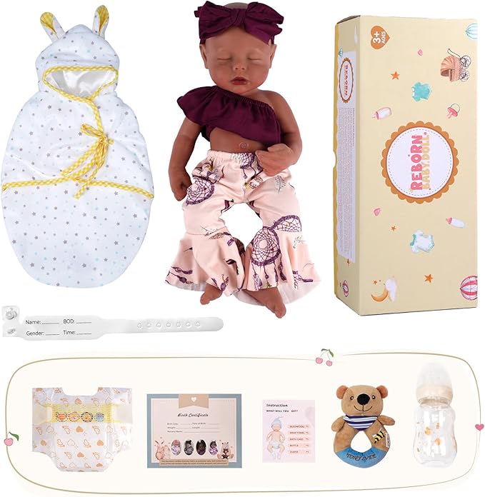 BABESIDE 16 inch Full Body Silicone Baby Dolls, Realistic African American Reborn Doll Black Girl, Bathable Anatomically Correct Newborn with Accessories for Kids Age 3+ & Collectors