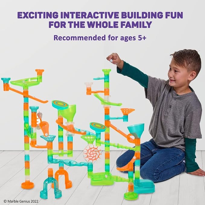 Marble Genius Marble Run Stunts Super Set: 125 Pieces Total, 20 Action Pieces Including 2 New Trampolines, Free Online App and Full-Color Instruction Booklet, Made for Ages 5 and Up