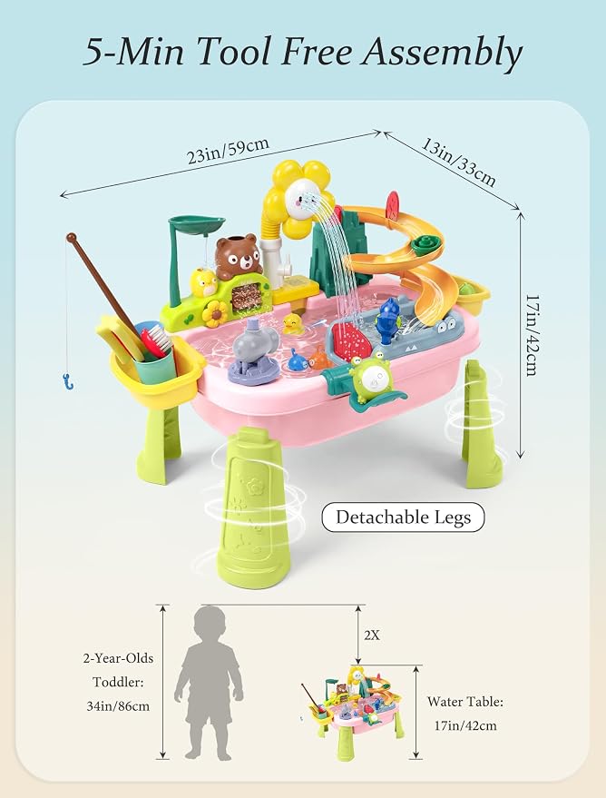 Water Table for Toddlers 1-3 with Pump: Summer Sensory Play Sink, Kitchen Fishing Playset with Running Water, Indoor Outdoor Montessori Water Toy Gift for Kids, BPA-Free, Non-Toxic