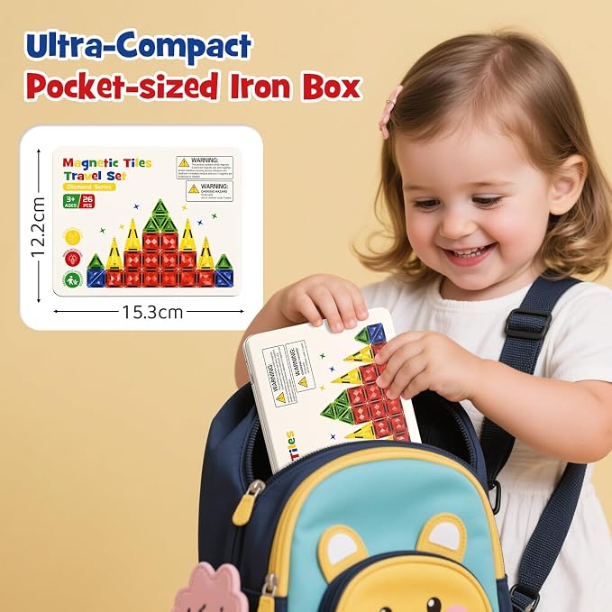 WMXDU Magnetic Tile Mini Diamond Set Travel Size Magnetic Building Toys with Iron Case, Kid's Travel Essential On-The-Go Magnet Construction Toy Set STEM Development Kit Ages 3+, 26-Piece
