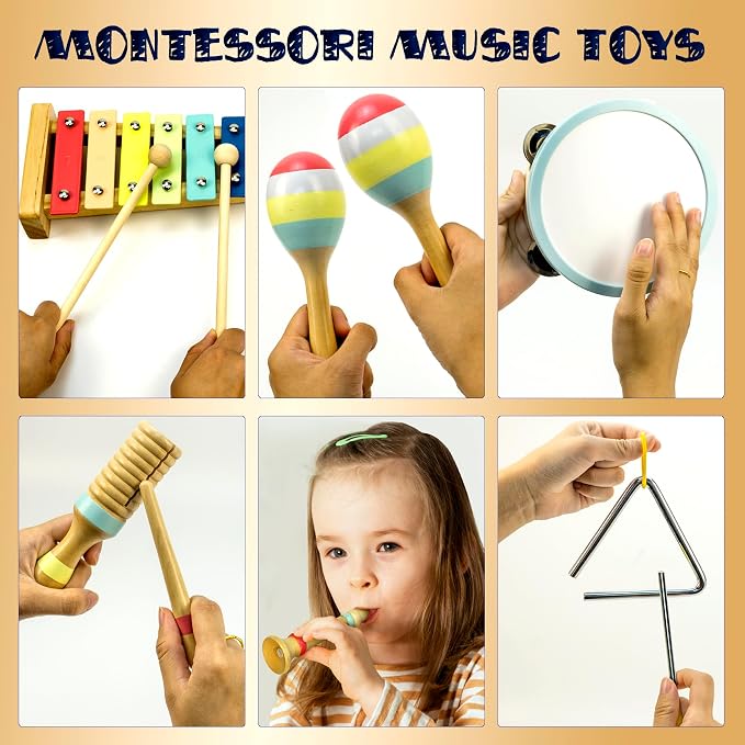 MINIARTIS Musical Instruments Set - Montessori Wooden Toys for Toddlers 1-3 | Modern Boho Baby Xylophone with Songbook | Neutral Colors Percussion Instruments | Kids Preschool Educational