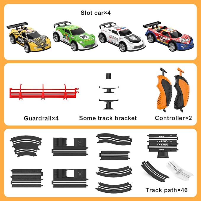 2-in-1 Slot Car Race Track Sets with 4 High-Speed Cars, Electric Track, Dual Racing Game with 2 Controllers, Circular Overpass Design Featuring Flash Tracks. Toy Gift for Boys Kids Ages 4-6 6-8 8-12