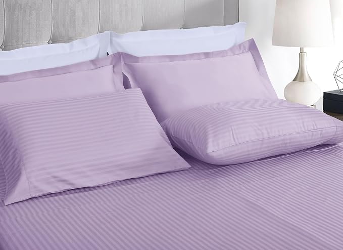 Threadmill 100% Cotton Sheets for Twin XL Mattress| 600 Thread Count Twin XL Bed Sheets Set with 15” Deep Pocket | Damask Stripe Sateen Weave 3-Piece Bedding Set with Cooling Effect | Lilac