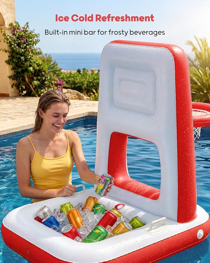 QPAU Pool Basketball Hoop with Built-in Cooler, 42" Poolside & Floating Inflatable Basketball Hoop for Family Pool Party — Swimming Pool Games for Kids & Adults, Includes 2 Balls & Pumps