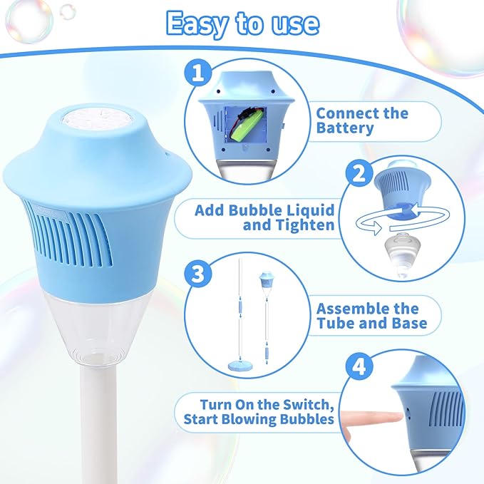 Infowush Bubble Machine for Kids, Automatic Standing Bubble Maker Machine Height Adjustable Up to 47 Inches Outdoor Battery Bubble Machine with Light/Music for Toddlers Birthday Party Gifts（Blue）