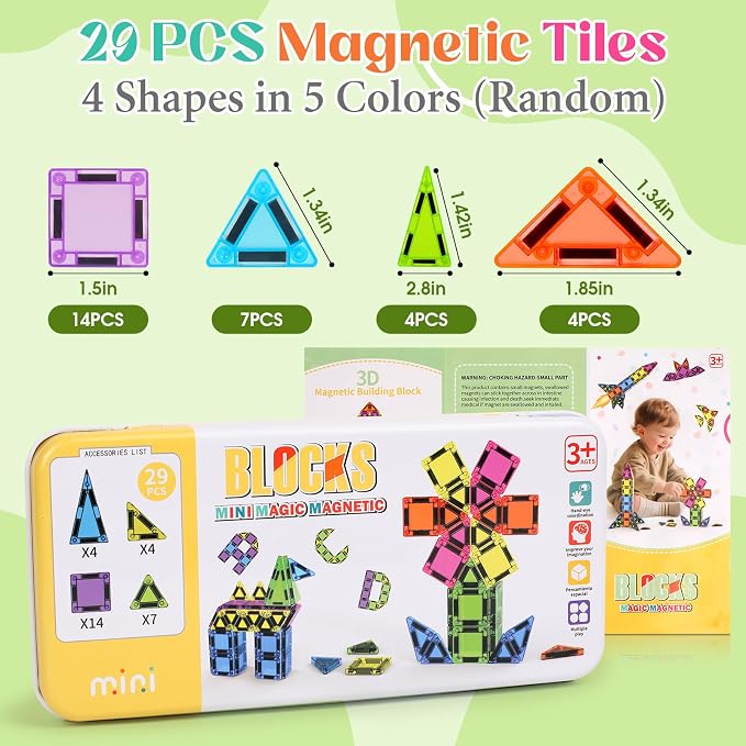 Mini Magnetic Tiles Travel Set- Travel Toys with Portable Iron Box, Rounded Edges, Colorful Sensory Toys for Ages 3+, Building-Creativity Gifts for Kids, Home Airplane Car Trip, 29 PCS