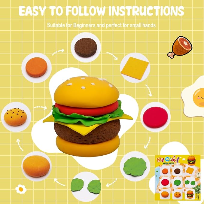Food Clay Kit for Kids – 12 Mini Food Themes: Pizza, Burger, Fries & More | Air Dry Modeling Set with Tools & Tutorials | Non-Sticky | Creative Gift for Boys Girls 3+