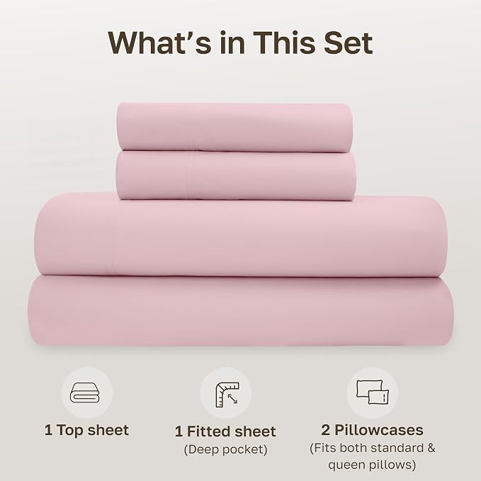 California Design Den Queen Sheet Set - Soft 100% Organic Bed Sheets with Deep Pockets, Crisp Percale, Breathable and Durable Bedding Set (Pink - Chalky Tone)
