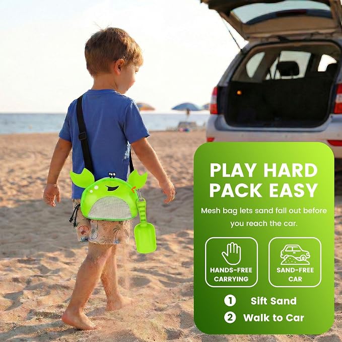 AMOR PRESENT Mesh Baby Beach Bag, Shell Collecting Bag with Shovel Crab-Shaped Adjustable Strap for Holding Shell Sea Pool Sand Toy, Green