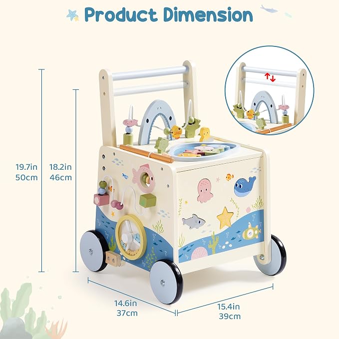 Wooden Baby Walker Push Toy for Toddlers 10M+ | Adjustable Height & Speed Control | Montessori Activity Center with Fishing Game, Music, Storage | Ocean World Theme Learning Walking Toy
