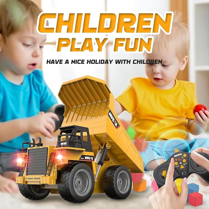 RC Dump Trcuk Toy for Kids,9-Channel Construction Vehicle Truck Toys with Working Bed, Lights & Sounds,1:18 Rechargeable Remote Control Truck for Boys Girls Gift