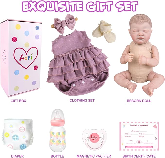 Aori Reborn Baby Dolls - 20-Inch Real Life Baby Doll with Poseable Limbs and Feeding Kit, Weighted Newborn Lifelike Baby Doll Gift Set for Seniors, Collectors and Kids 3+