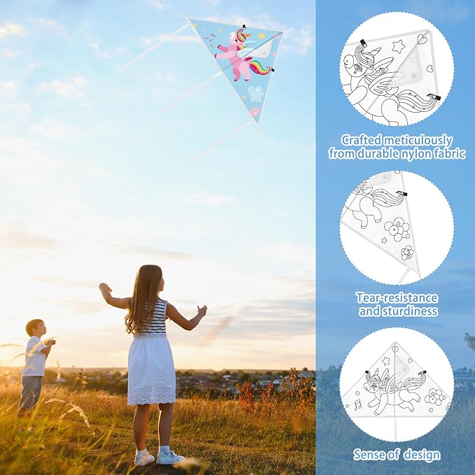 Syhood 60 Pcs DIY Coloring Kites Kit for Kids Pre-Printed Cartoon Animal Kites Summer Decorating Making Kit with Watercolor Pens and Strings Handles for Outdoor Game and Activities