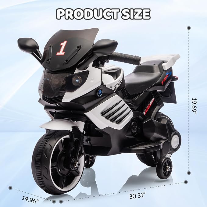 Kids Ride On Motorcycle, 6V Battery Powered Electric Motorcycle, w/Treaded Tires, Horn, Working Headlight, Music, Training Wheels, Stable Ride On Toys for Kids Toddler Boys Girls 3-6, White