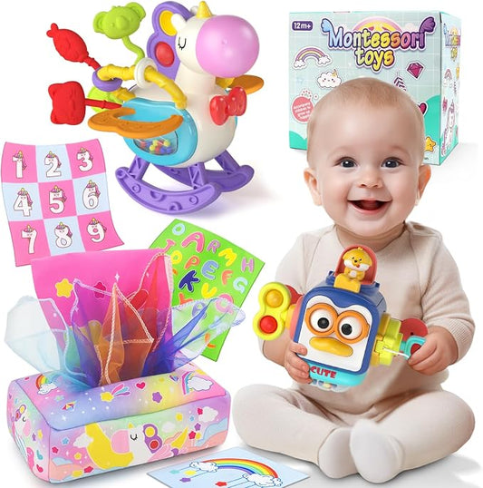 usrela 3 in1 Baby Toys 12 to 18 Months - Busy Board Sensory Toys, Tissue Box Toy, Pull String Teether, Learning Toy for Babies, Infant Gifts for 12 18 Months Old