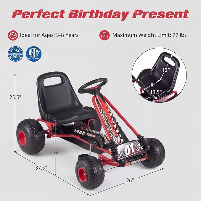 Costzon Pedal Go Kart, 4 Wheel Ride on Toy Pedal Car with Adjustable Seat, Forward/Backward & Handbrake, Outdoor Bicycle Go Cart with Wear-Resistant Wheels, Gift for Boys and Girls (Red)