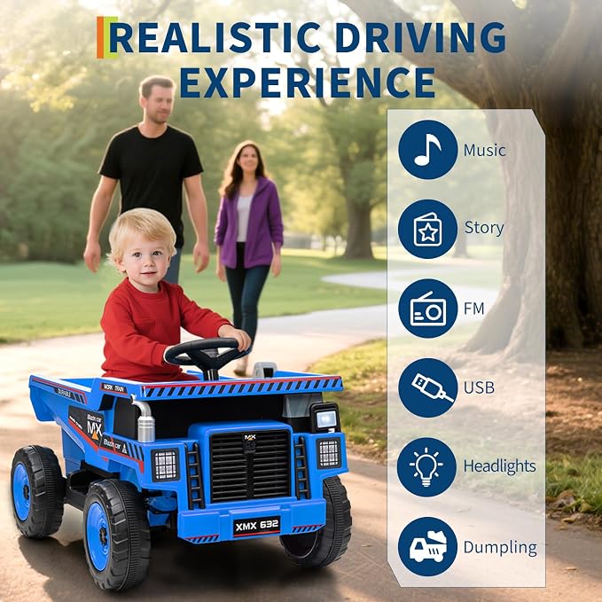 Garvee 12V Ride On Dump Truck for Kids, Ride On Car with Remote Control, Construction Vehicles with Dump Bed & Shovel, Ride-On Toys 16.5 in Spacious Seat, Music, Headlights, Soft Start, Blue