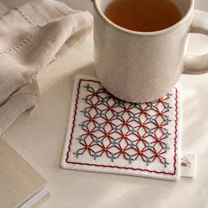 TMEGMIC Sashiko Embroidery Kit for Beginners, DIY Hand Stitching Coaster Making Craft Kit, Makes 10 Pcs in 4 Patterns (DIY Material Kit Only)