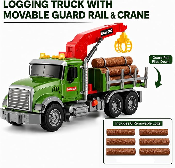 15" Green Crane Truck Toy,Logging Truck Tow Truck Toy,Construction Trucks for Boys Girls 3 4 5 6 7 8 Years Old,with Lights & Sounds,Holiday and Birthday Gift