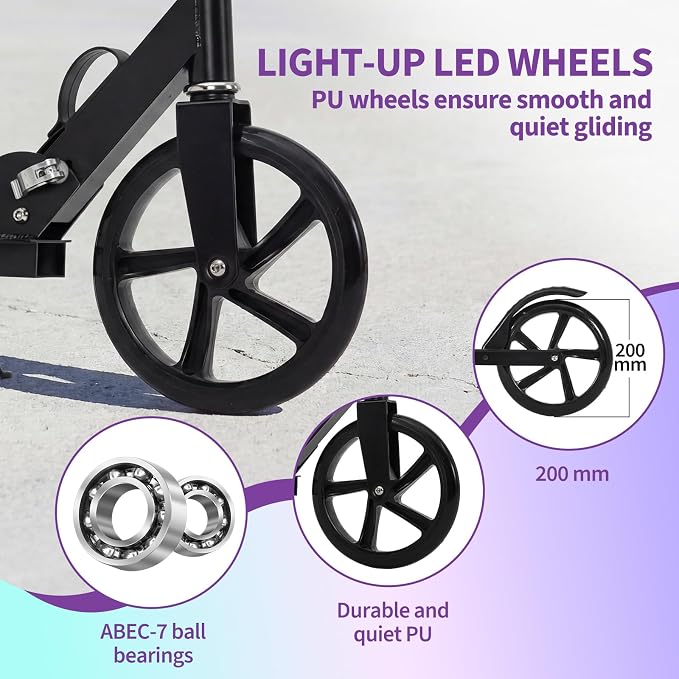 Kick Scooter for Ages 6+,Foldable Lightweight 8IN Big Wheels Scooter for Kids, Teen and Adults, 3 Adjustable Levels