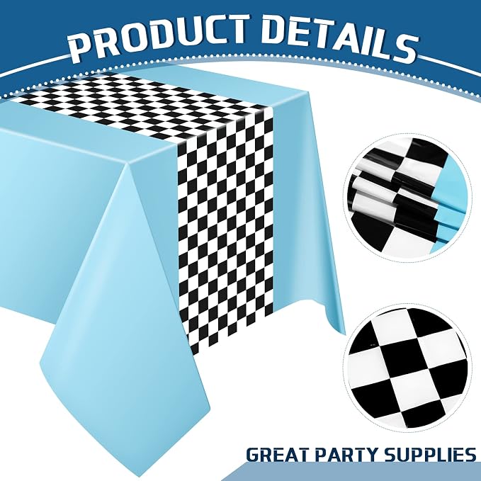 Irenare Car Birthday Party Supplies Racing Decorations 50s Party Tablecloth Racetrack Table Runner Table Covers for Kids Boy Car Theme Birthday Decor, 54 x 108 Inch(Sky Blue,3 Sheets)
