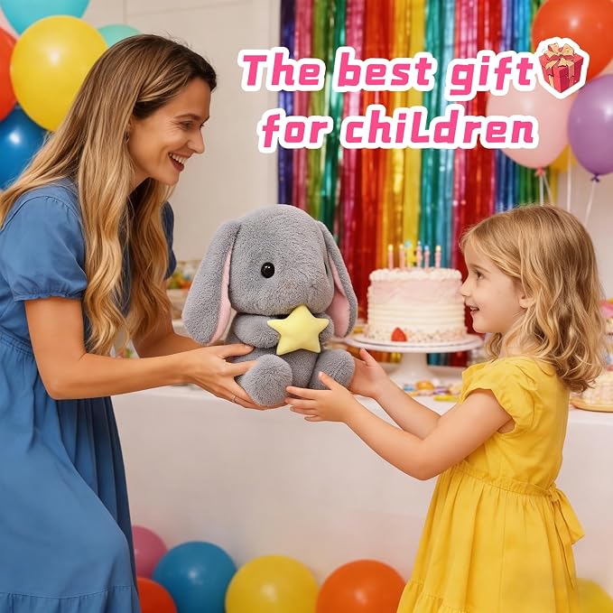 HOUPU Soft Toy - Sitting Lop Eared Rabbit, Easter White Rabbit Stuffed Bunny Animal with Carrot Soft Lovely Realistic Long-Eared Standing Pink Plush Toys (Gray-Star,8.6in/22cm)