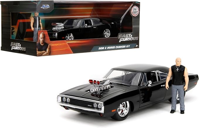 Jada Fast & Furious Dom’s 1970 Dodge Charger Diecast Model – 1:24 Scale Durable Die Cast Car – Includes Dom Figure – Perfect for Collectors and Kids