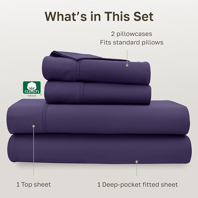 California Design Den Soft Full Size Cotton Sheet Sets, 400 TC Good Housekeeping Award Winner, Silky Smooth Sateen Weave with Deep Pockets, Breathable and Durable Full Bedding Set - Purple