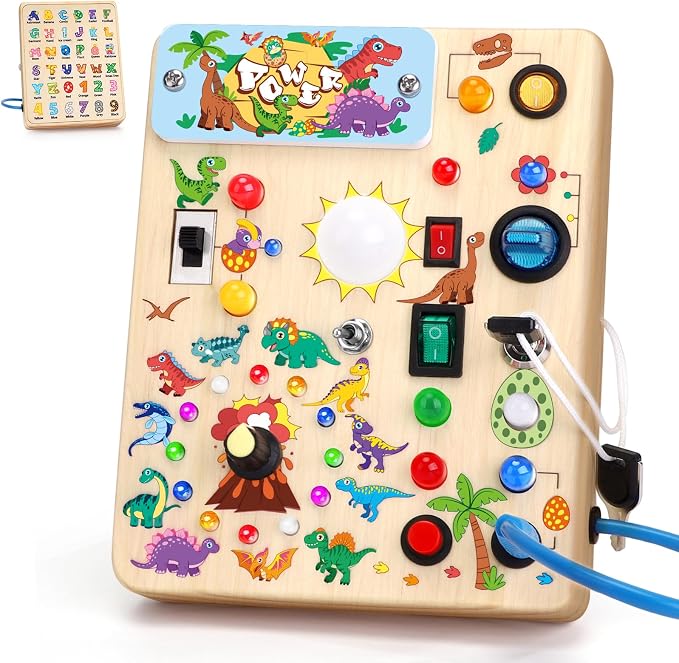 Konijiwa Busy Board - Montessori Toys for 1-3 Years Old Boys & Girls | Sensory Toys for Kids with Autism | Toddlers Learning Activity for Early Development (Dinosaur Busy Board v2)