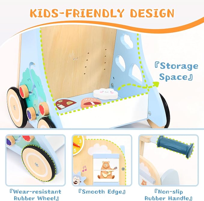 Wooden Baby Walker, Baby Push Walker for 12+ Months, Baby Walker with Activity Center, Push and Pull Walkers for Boys Girls