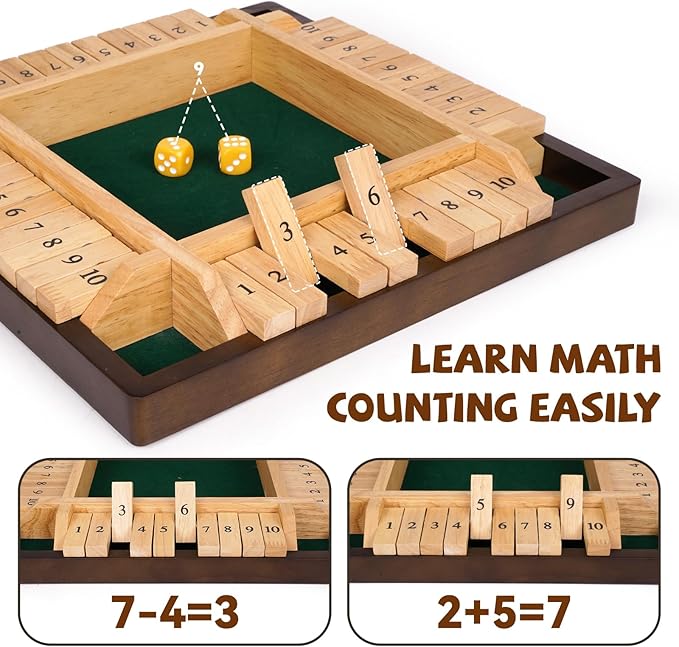 Kvintes 12 Inch Shut The Box Dice Game – Wooden Tabletop Board Game with Felt Mat, 10 Number Tiles & 8 Dice, Classic Bar Game, Family Game Night, Travel Game for Adults