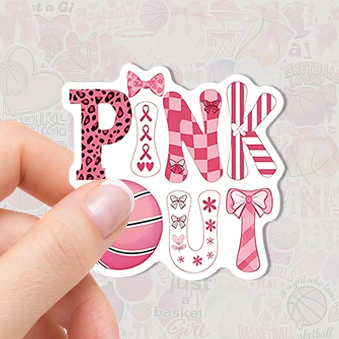 QTL Pink Basketball Stickers for Girls Teens, Basketball Party Supplies, Waterproof Vinyl Stickers for Water Bottles and Laptop, 50PCS