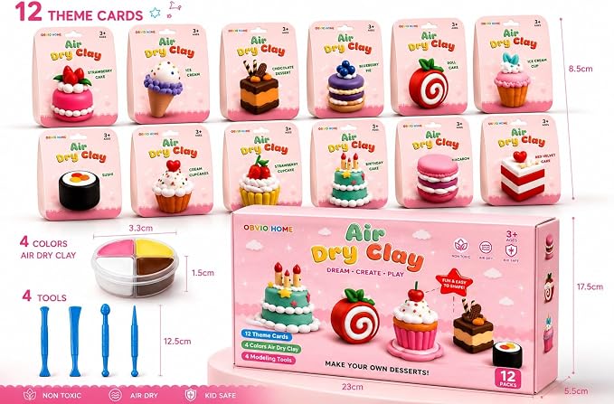 Air Dry Clay for Kids - 12 Dream Dessert Designs Modeling Clay Kit - Model Sculpting Set, Ultra Soft Safe & Non-Sticky | DIY Crafts, School Projects & Party Favors for Boys & Girls