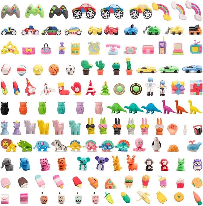 132pcs 3D Cute Kids Erasers, Random Desktop Pet Toys Gifts, Classroom Rewards Kids Party Gifts, Various Styles Such as Animals, Food, Plants, Space, Princess, Sports, Halloween, Christmas