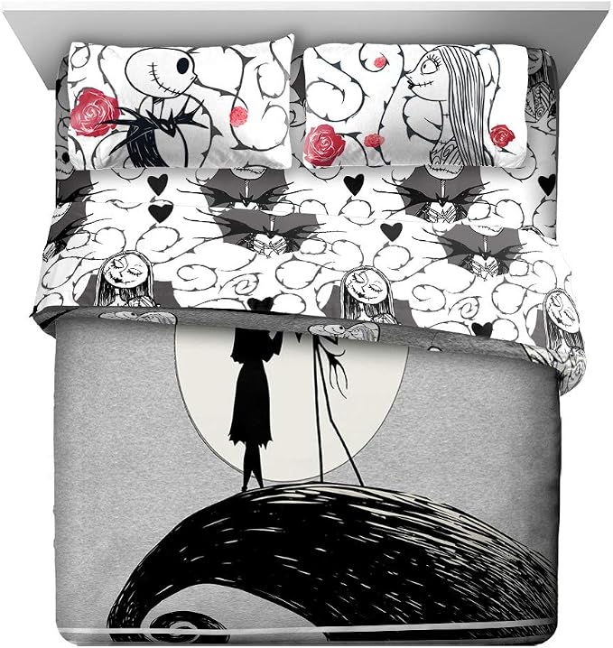 Jay franco Disney Nightmare Before Christmas Moonlight 7 Pc Jay franco Queen Bed Set-Includes Reversible Comforter&Sheet Set-Features Jack&Sally-Super Soft Fade Microfiber-(Official Disney Product)