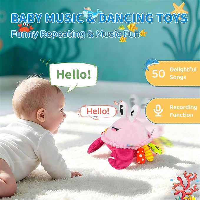 Baby Toys 6-12-18 Months, Pink Crawling Crab Tummy Time Toy, Rechargeable Musical Plush Toy with 50 Songs & Voice Recorder, Dancing Bouncing Interactive Baby Girl Sensory Toddler Toys 1 Year Old Gift