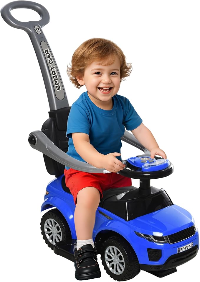Aosom 3 in 1 Push Cars for Toddlers Kid Ride on Push Car Stroller Sliding Car with Horn Music Light Function Secure Bar Ride on Toy for Boy Girl 18-36 Months, Blue