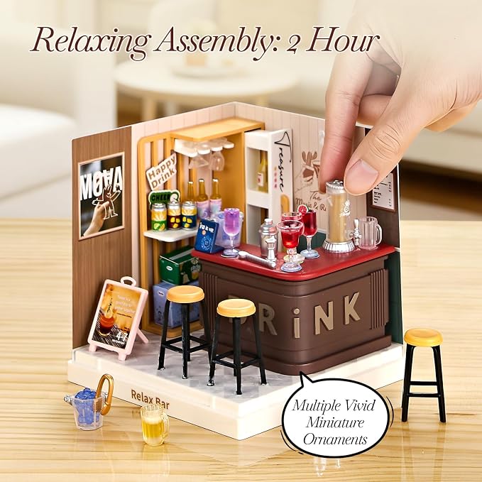 Miniature Lounge Bar DIY Kit with Acrylic Display Case – Cozy Mini Bar Dollhouse Scene, Tool-Free Craft Set for Teens, Adults & Beginners