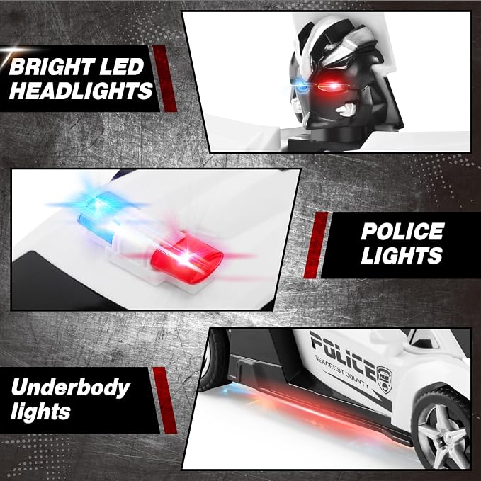 2.4G Remote Control Transformer Car, Rechargeable RC Police Car Toy with Flashing Lights, Convertible Robot & Vehicle, Gift for Kids,Police Transformer Cars for Boys 4 5 6 7 8 9 10 11 12 (Black/White)