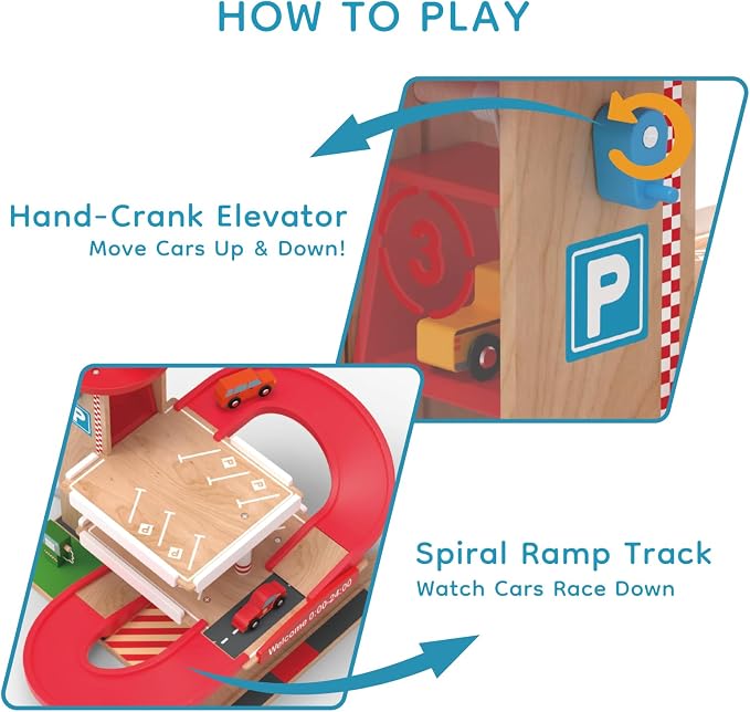 Wooden Parking Garage Toy Set for Toddlers Ages 3-5 - Hand-Crank Elevator & Spiral Ramp Track, Compatible with Standard Train Tracks, Birthday for Boys and Girls