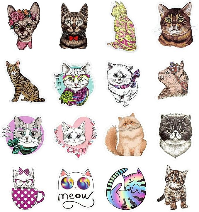 QTL Cat Stickers for Kids Cat Party Supplies Waterproof Vinyl Stickers for Water Bottle Laptop Stuff Gifts 50Pcs