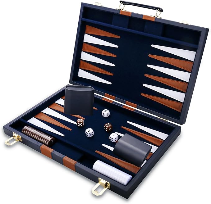 Backgammon Set - Classic Board Game with Premium PU Leather Case - Portable Travel Strategy Backgammon Game Set for Adults, Kids Family Game Night, Vacation & Gifts (18inch Large, Navy)