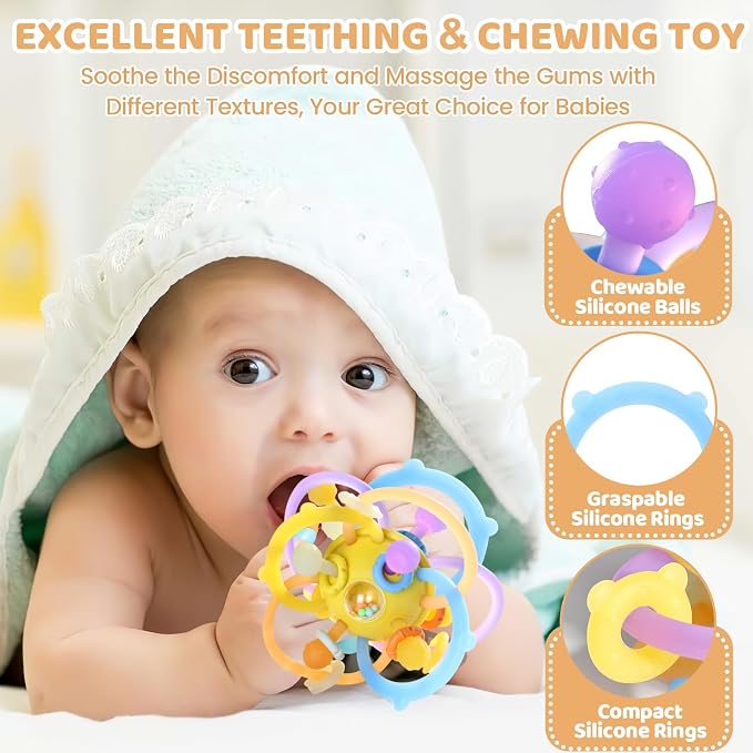 Baby Rattle Teething Toys, Baby Ball Teether Toys for 0 3 6 9 12 18 Months, Silicone Montessori Teethers with Rattle Ball for Newborn Infant, Sensory Delopmental Gift for Boys Girls, Yellow