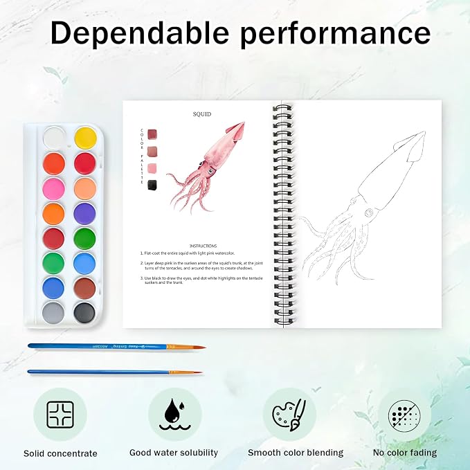 Watercolor Workbooks, 16 Colors Water Color Books Paint Set for Adults, Watercolor Coloring Book for Beginners, Water Color Workbook, 15 Beautiful Paintings for Beginners (Ocean Animals)