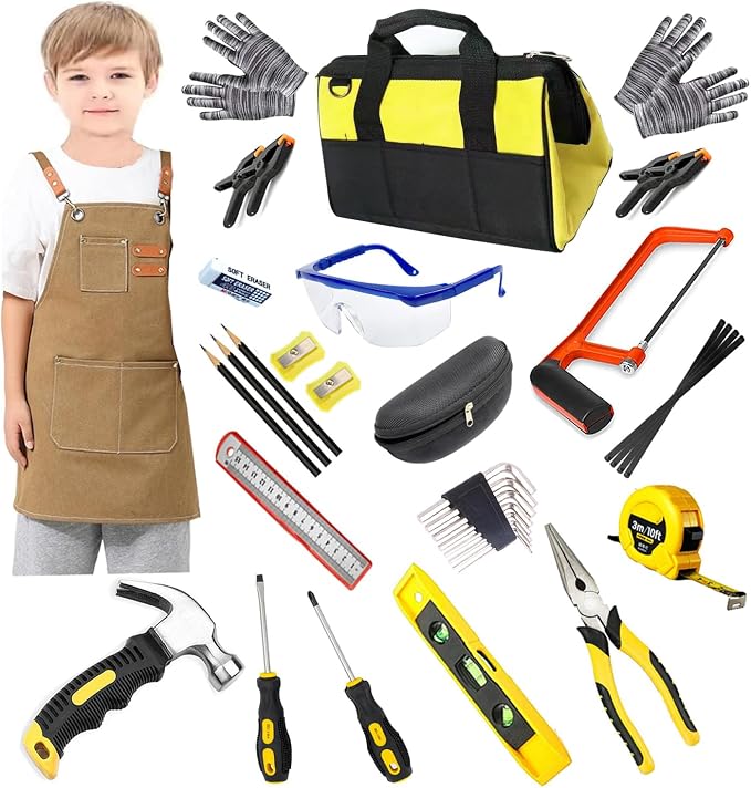Kids Real Tools Set -38-Piece Hand Tool Kit with Tool Bag, Woodworker Apron & Hand Saw - Learning Gift for Boys & Girls Age 6+, Children Home DIY Construction and Woodworking