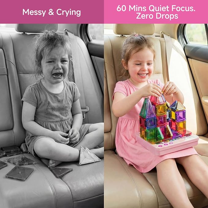 Mini Magnetic Tiles for Girls Travel: 60 PCS Pink Magnet Building Blocks in Tin Box to Stop Crying - 60 Mins Quiet Play 30s Cleanup Toy - Car Airplane Essentials Ages 3-8