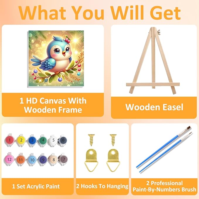 Paint by Numbers Kit for Kids with Frame, Bird Paint by Numbers for Kids Ages 4-8-12, DIY Bird Acrylic Oil Painting for Home Wall Art Decor Gift 7.8x7.8 inch (with Frame Easel)