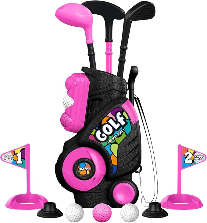 Liberry Toddler Golf Set for Girls Boys 2 3 4 Years Old, Upgraded Kids Golf Cart with Shoulder Strap Design, Outdoor Indoor Sports Toys Birthday Gifts, Black & Pink