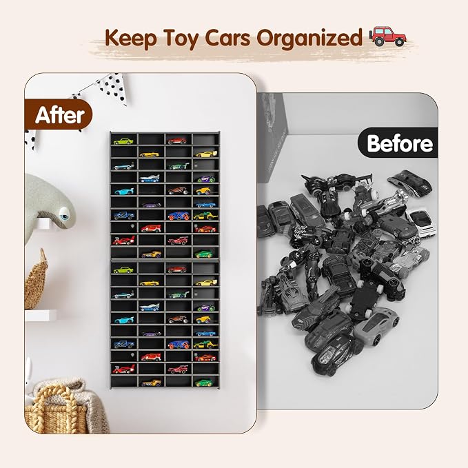 Krafetto 2 Pack Toy Car Display Shelf, Holds 80 Diecast 1/64 Toy Cars, Wall Mount Model Car Storage Organize Case, Black