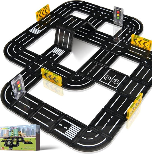 Aukit Magnetic Tiles Road Expansion Pack, Magnetic Building Blocks Construction Toys for 3+Year Old Boys Girls, Kids Toy Montessori Toys for Toddler.